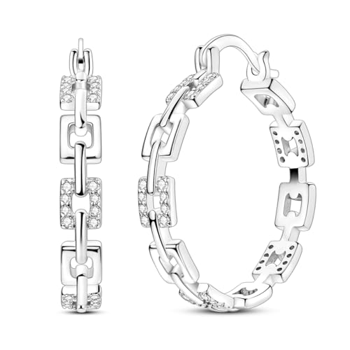 NARMO 925 Sterling Silver Earrings for Women Hypoallergenic Hoop Earrings - color: Square Chain