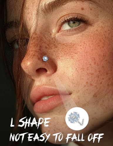 Sanfenly 12 PCS 20G Nose Rings Surgical Stainless Steel, L Shaped Nose Studs for Women Men, CZ Heart Butterfly Flower Leaf Moon Dangle Cute Nose Piercings Studs Screw Jewelry Pink/Purple/Blue/Clear - color: Blue