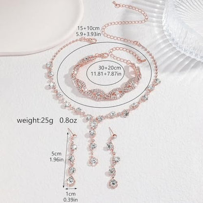 Prom Earrings Necklace Bracelet Set Elegant Crystal Rhinestone Necklace Earrings Bracelet Bridal Wedding Prom Dresses Costume Outfit Gold Jewelry Sets for Women - color: Rose Gold B