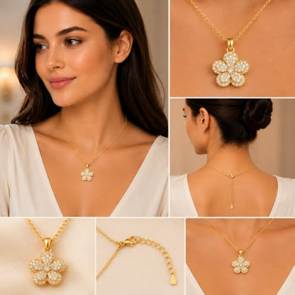 Rich London 18K Rose Gold Plated 2-in-1 Clover Heart Pendant Necklace for Women | Elegant Crystal Charm Jewellery - color: Stone Flower