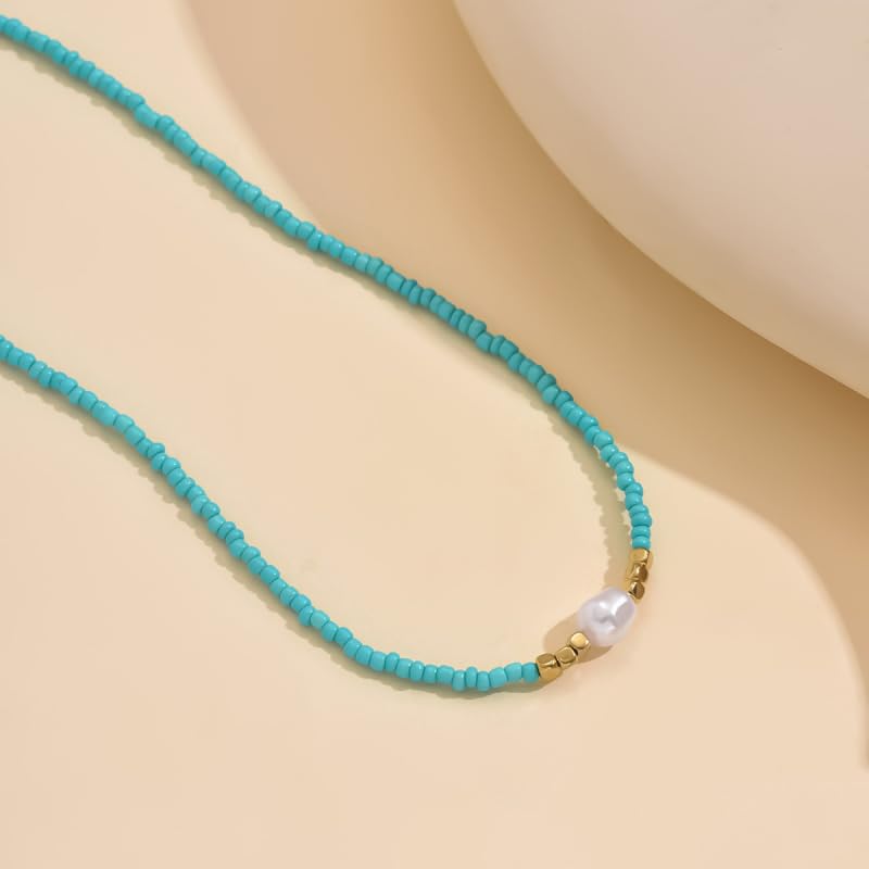 Faux Pearls Necklace Irregular Woven Beads Design, Adjustable Length, Multicolor Seed Beads for Everyday, Beach, Layering - color: White