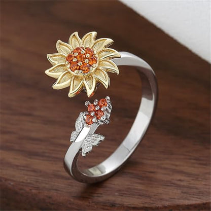 Hebelee Rotatable CZ Sunflower Spinner Ring for Women Fashion Crystal Rotating Flower Stackable Statement Open Wrap Finger Rings Comfort Fit Adjustable Fidget Anxiety Relieving Stress Jewelry - color: Red Flower