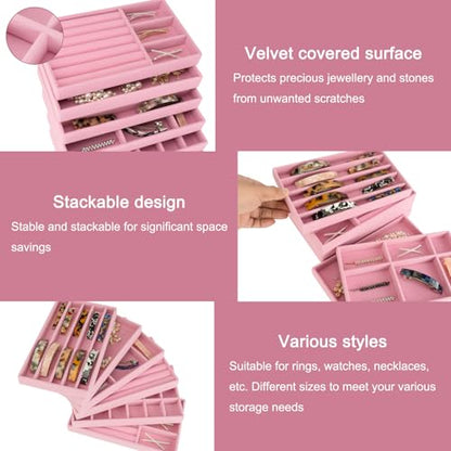 12Pcs Velvet Stackable Jewelry Trays, Jewelry Drawer Organizer, Large Removable Display Jewelry Tray, Necklace Bracelet Storage Box for Earring, Ring, Brooch, Watch (Pink) - color: 12 Pack-Pink