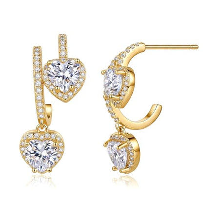 SAVORI 14K Gold Plated Heart CZ Drop Earrings for Women, 925 Sterling Silver Half Hoop Huggie Earrings with Dangling Heart Halo CZ Charm, Hypoallergenic Love Dangle Earrings, Everyday & Bridal Jewelry Gifts - color: Gold