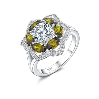 Flower Engagement Promise Ring Sterling Silver Birthstone Rings for Women Sapphire/Emerald/Ruby Gemstone Six Leaf Clover Statement Cocktail Ring Size 6 to 10 - style: 08. August-Created Peridot