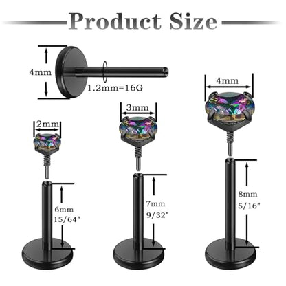 Gotumo 20G 18G 16G Flat Back Earrings Stud Nose Ring Titanium Internal Thread Tragus Labret Cartilage Lip Medusa Conch Body Piercing Jewelry Nose Stud Hypoallergenic for Women Men - color: Black, size: 16G Bar-6/7/8mm & CZ-2/3/4mm