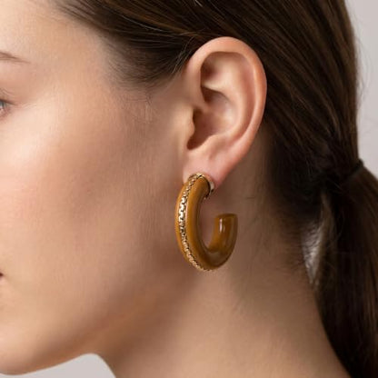 Gold Plated Resin Chunky Hoop Earrings Hypoallergenic Push Back Hoops for Sensitive Ears - color: Caramel