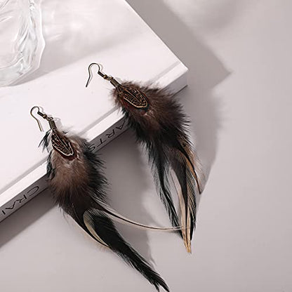 Bohemian Long Feather Earrings for Women Handmade Natural Dangle Tassel Jewelry - color: Style F