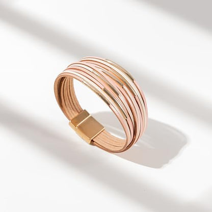 Gold Tube Leather Wrap Bracelets Boho Chunky Stackable Layered Western Cuff | Stacked Bohemian Cool Magnetic Clasp Bangles Statement Cowgirl Hippie Country Festival Accessories for Women Trendy - color: Pink