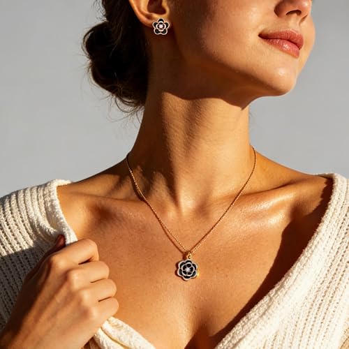 EVEVIC Dainty Flower Pendant Necklace Earrings for Women 14K Gold Plated Hypoallergenic Jewelry Sets - color: Black /Rose Gold-tone