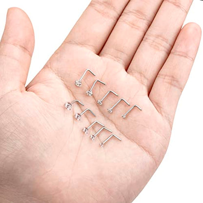 20G 10Pcs Stainless Steel L Screw Bone Shaped Nose Studs Rings Square Round CZ Nose Ring Labret Nose Piercing Jewelry for Men Women Silver Tone 1.5mm-2mm-2.5mm-3mm-3.5mm CZ - style: G:(10Pcs,Square+Round CZ)