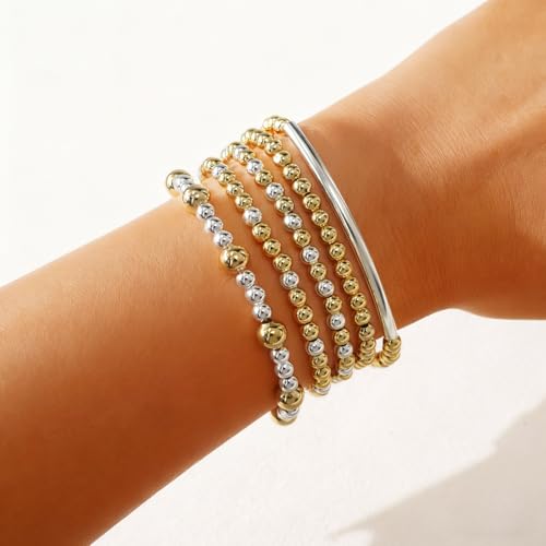 14K Gold Plated Beaded Bracelets Stack Set for Women,Stretch Boho Ball Jewelry Friendship Trendy - color: Silver gold