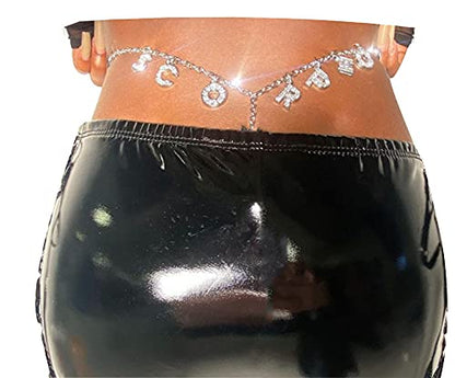 Women Sexy Rhinestone Waist Body Chain Crytal Sexy Letter Pendant Belly Waist Chain T-string Thong Body Jewelry - color: Scorpio Letter