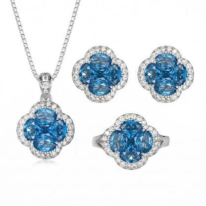 Green/Blue Zircon 4-Leaf Clover Jewelry Set – Necklace, Ring, Earrings – Women's Wedding & Evening Gift for Wife, Girlfriend, Mother – Comes with Gift Box - color: Blue 3-Piece Set