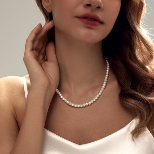 Zeffy Pearl Necklace 4MM/6MM/8MM Dainty Round Imitation Pearl Choker Necklace Wedding Pearl Necklace Delicate Jewelry for Women Simple Bridesmaid Jewelry Gifts - style: 6mm Silver Pearl Necklace(18"+2")