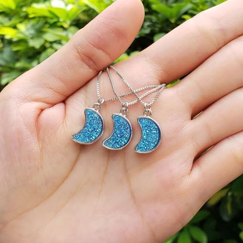 Adabele Natural Druzy Necklace Small Tiny Moon Gemstone Pendant 18 inch Sparkly Agate Stone Crystal Women Jewelry Tarnish Resistant Stainless Steel/Gold Plated Chain - color: Aquamarine blue druzy - stainless steel