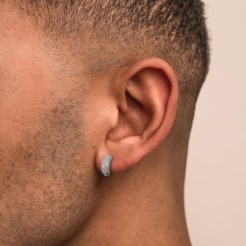 Hoop Earrings for Men - 14K Gold Plated Cartilage Huggie Earrings | Cubic Zirconia, Lightweight, CZ Inlaid, Hypoallergenic for Sensitive Ears, Mens jewelry Gift for Him - style: silver chunky