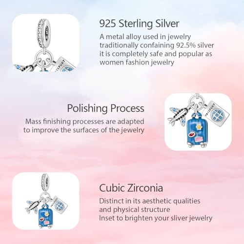925 Sterling Silver Charms for Bracelets and Necklaces Lipstick and Perfume High Heels Dangle Pendants Heart Butterfly Bead Charms Halloween Christmas Gift for Womens - style: Airplane Passport Suitcase Dangle