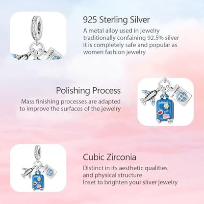 925 Sterling Silver Charms for Bracelets and Necklaces Lipstick and Perfume High Heels Dangle Pendants Heart Butterfly Bead Charms Halloween Christmas Gift for Womens - style: Airplane Passport Suitcase Dangle