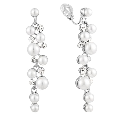 Clip On Earrings Simulated Pearl Wedding Bridal Dangling Dangle Clip Earrings for Women Non-pierced - color: Silver