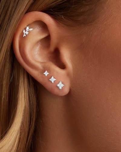 Stud Earring for Women, 14K Gold Silver Plated Hypoallergenic Studs Set | Trendy Cartilage Tragus Helix Clover Flower Earring Stack for Multiple Piercing, Dainty Cute Small Jewelry Gift, Non Tarnish - style: SL-Flower/Branch-4 Pairs