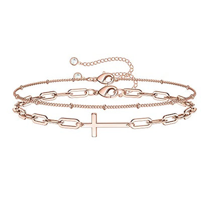 Dainty Gold Bracelets for Women, 14K Gold Plated Adjustable Layered Beads Bracelet Cute Evil Eye Oval Chain Pearl Bar Turtle Gold Bracelets for Women Jewelry - style: Beads Chain&Cross-Rose