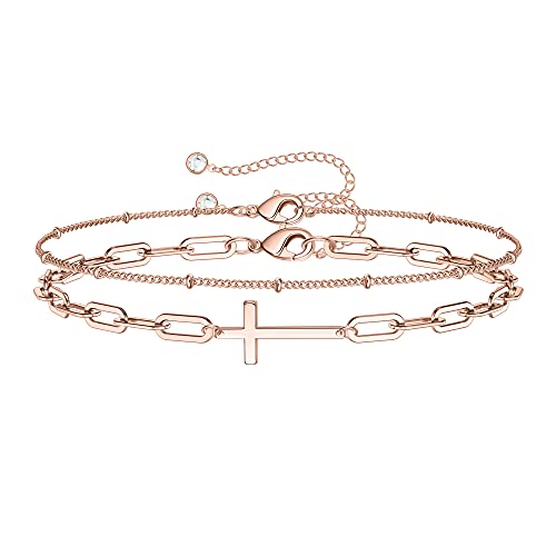 Dainty Gold Bracelets for Women, 14K Gold Plated Adjustable Layered Beads Bracelet Cute Evil Eye Oval Chain Pearl Bar Turtle Gold Bracelets for Women Jewelry - style: Beads Chain&Cross-Rose