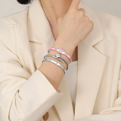 3Pcs Gold Bracelets for Women 14K Gold Plated Love/H/Nail Bangle Bracelet Dainty Non Tarnish Bracelet Jewelry Christmas Mothers Day Gifts for Women - color: 3Pcs Silver/Pink H bracelet