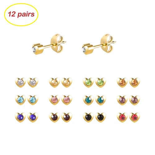 12 Pairs Ear Piercing Stud Earrings for Ear Piercing Guns, Surgical Stainless Steel Multicolor Round Heart Star Cubic Zirconia Birthstone Stud Earrings Set - style: Gold heart 4mm