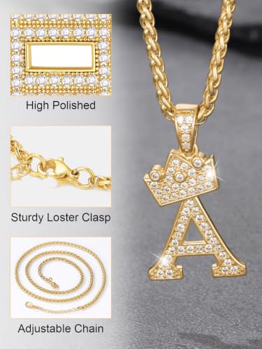 U7 Crown Initial Necklace Men Women, Bling Diamond A-Z 0-9 Letter Pendant with Wheat Chain, Silver/Black/Gold Plated CZ Alphabet Number Hip Hop Jersery for Father Husband - color: a. Gold, size: 23. W