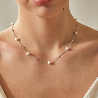Pearl Necklace for Women, Dainty Pearls Choker Necklace for Women 14K Gold Plated Layered Pendant Necklace Handmade Gold Chain Necklace Everyday Jewelry Gift - color: Bead Pearl-Silver