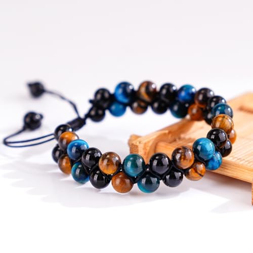 Triple Protection Bracelet,Bracelets for Men Women, Natural Tiger Eye Jewelry Stone Hematite and Blue Stone Hematite 8mm Crystal Bracelet - Adjustable Size with Premium Gift-Box - color: Blue-Brown-Black