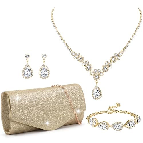 FEYIR Clutch Purse Jewelry Set for Women Evening Bags Rhinestone Crystal Necklace Earrings Bracelet Set Formal Wedding Bridal Accessories Jewelry for Prom - color: Gold Attractive