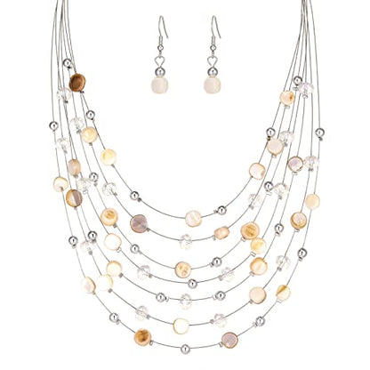 Multi-Layer Boho Shell Beaded Necklace for Women Colorful Crystal Strand with Silver Beads Statement Collars Necklace and Earrings Costumes Jewelry Sets for Women - color: Natural