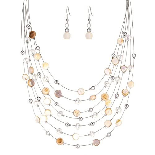 Multi-Layer Boho Shell Beaded Necklace for Women Colorful Crystal Strand with Silver Beads Statement Collars Necklace and Earrings Costumes Jewelry Sets for Women - color: Natural