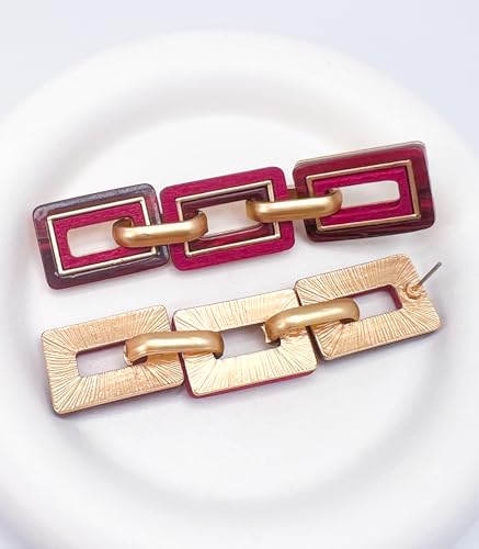 Ozel - Natural Wooden Acrylic Boho Drop Dangle Earrings for Women - Geometric Statement Jewellery - Brown, Black, Magent Red, Olive Green, White beige - color: 3Square_Magenta