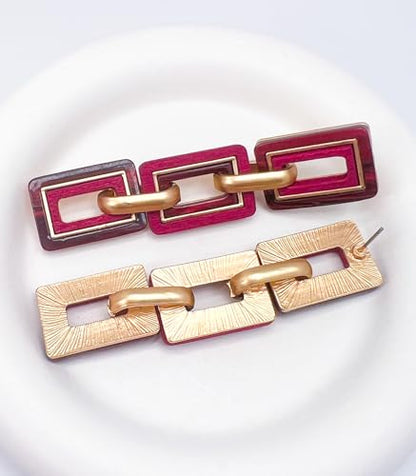 Ozel - Natural Wooden Acrylic Boho Drop Dangle Earrings for Women - Geometric Statement Jewellery - Brown, Black, Magent Red, Olive Green, White beige - color: 3Square_Magenta