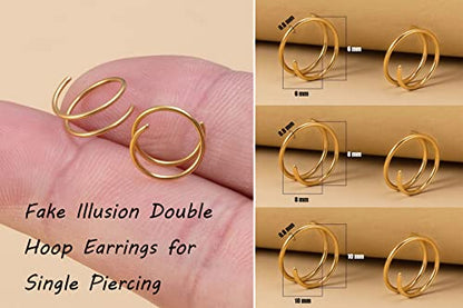 Double Hoop Earrings for Single Piercing, 3 Pairs 316L Surgical Steel Spiral Twist Illusion Lobe Cartilage Helix Hoop Earring Double Hoop Earrings for One Hole - color: Gold-6mm 8mm 10mm