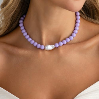 Colorful Faux Baroque Pearl Resin Beaded Choker Necklace Summer Tropical Jewelry for Women - color: Purple