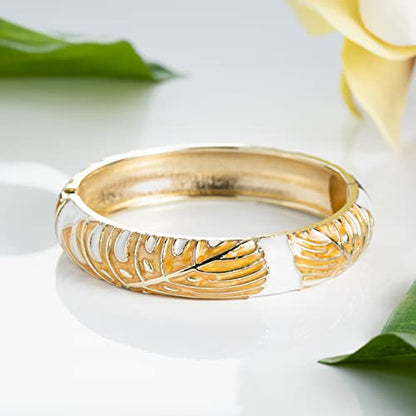Hawaiian Monstera Luau Leaves Hinged Clasp Fashion Enamel Bangle Bracelet - color: Gold