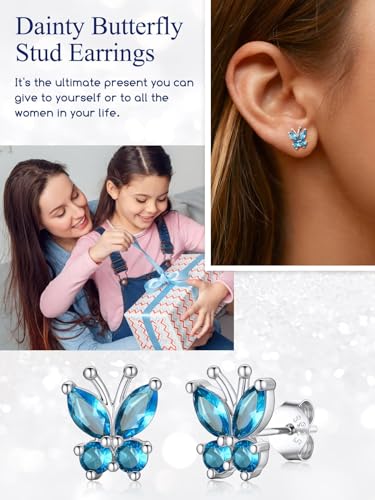 Suplight Butterfly Stud Earrings 925 Sterling Silver 14K Gold Brithstone Earrings for Women Brithstone Jewelry Gifts - color: 12.December (Blue Topaz), size: Silver