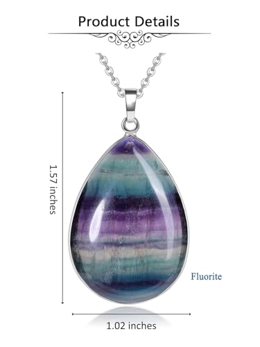 Jovivi Rainbow Fluorite Crystal Teardrop Pendant Necklace Natural Healing Stone Reiki Quartz Gemstone Necklace Jewelry for Women Men
