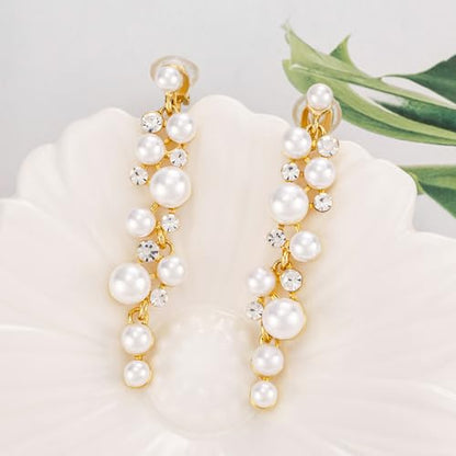 Clip On Earrings Simulated Pearl Wedding Bridal Dangling Dangle Clip Earrings for Women Non-pierced - color: Gold