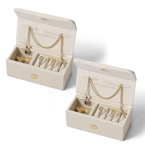 VLANDO Small Travel Jewelry Case, Gifts for Women Bridesmaid,Tangle-Free Jewelry Organizer for Rings Earrings Necklaces, Vegan Leather, Magnetic Closure-Cream White*2 Pack - color: Cream White*2 Pack