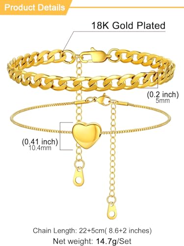 U7 2Pcs/3Pcs Ankle Bracelets for Women, Stainless Steel Cuban Link/Figaro/Rope/Heart Chain Anklets Sets,Waterproof Layered Anklets Adjustable 8.5"-10.5" - color: 02. 2Pcs Style B-Gold
