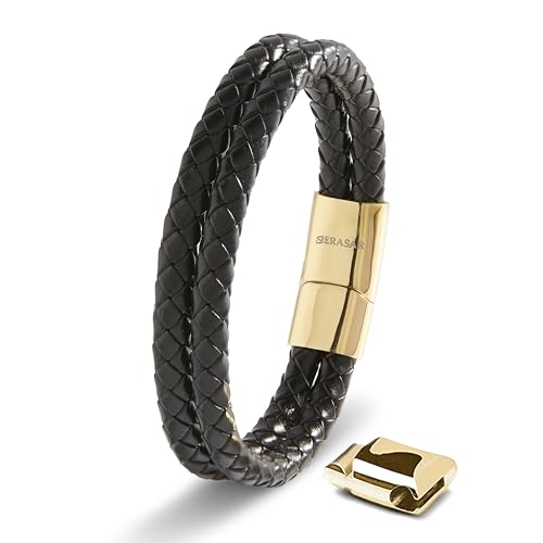 SERASAR Premium Leather Bracelet Men | Stainless Steel Magnetic Clasp | Three Colors | Jewelry Box Included - color: Gold, size: 23cm, style: Double