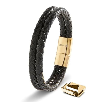 SERASAR Premium Leather Bracelet Men | Stainless Steel Magnetic Clasp | Three Colors | Jewelry Box Included - color: Gold, size: 20cm, style: Double
