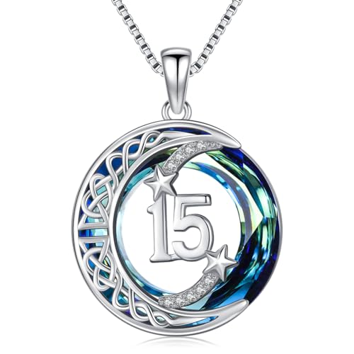 JUSTKIDSTOY Birthday Gifts for Women Girls 925 Sterling Silver Celtic Moon Star Necklace with Blue Crystal Pendant Jewelry for Sister Friends - style: 15th