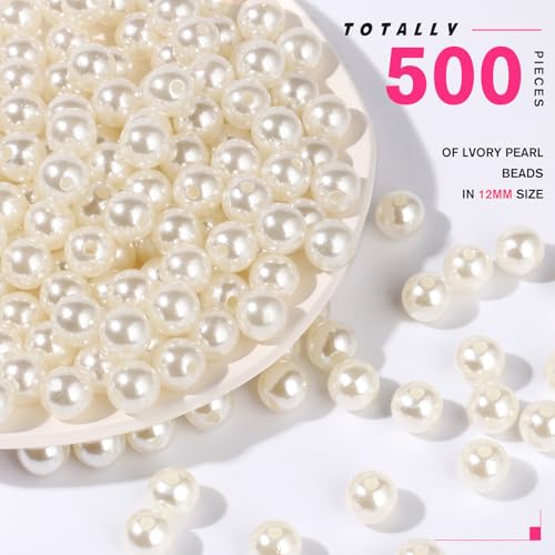 500PCS Pearl Beads for Jewelry Making 12mm Large Jewelry Beads Bulk | Round Faux Pearls Beads with Holes for Bracelet Necklace Earrings Crafting - color: ivory(12mm)