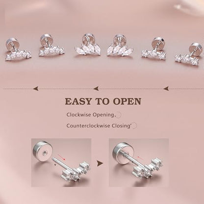 14K Gold Plated 925 Sterling Silver Flat Back Earrings Set | Hypoallergenic Cartilage Helix Conch Tragus Piercing Jewelry 3 Pairs Small Screw Dainty CZ Opal Earring Set Men Women - color: Silver, Style G